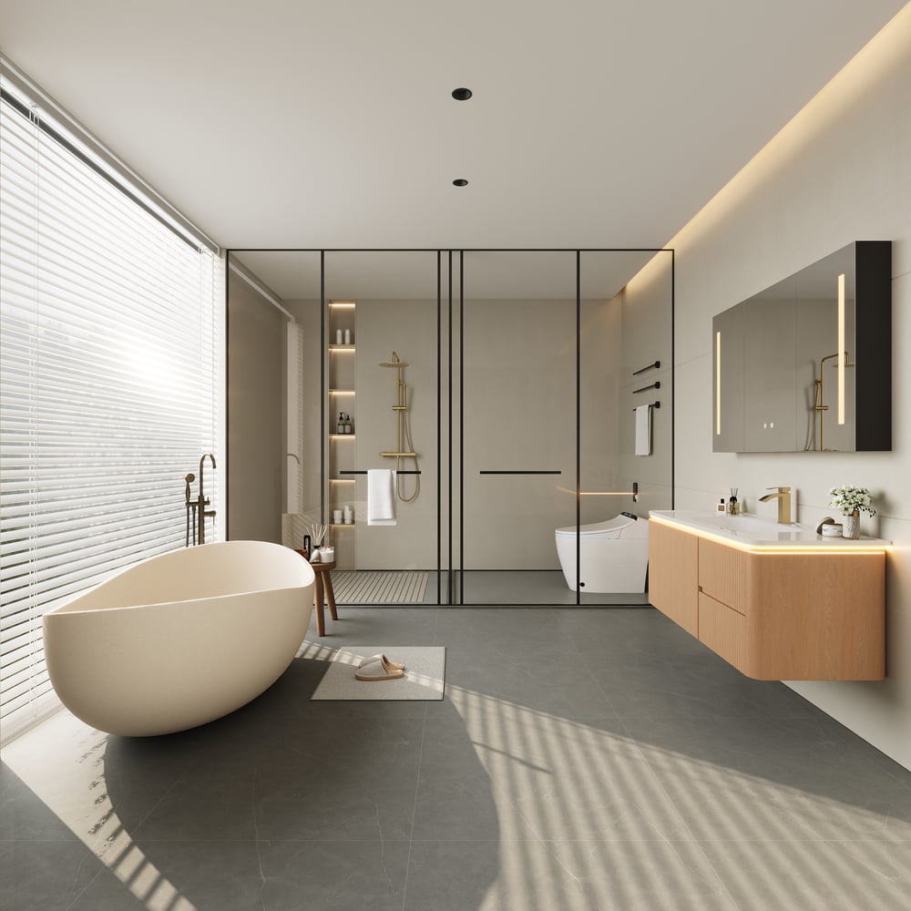 Moderní 119 cm plovoucí rýhovaná koupelnová skříňka s umyvadlem, měkkým LED osvětlením a dostatkem úložného prostoru obrázek okna