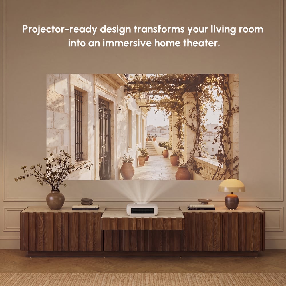 Aura 80" Ash Wood Fluted Walnut Projector TV Stand with Sintered Stone Top window image