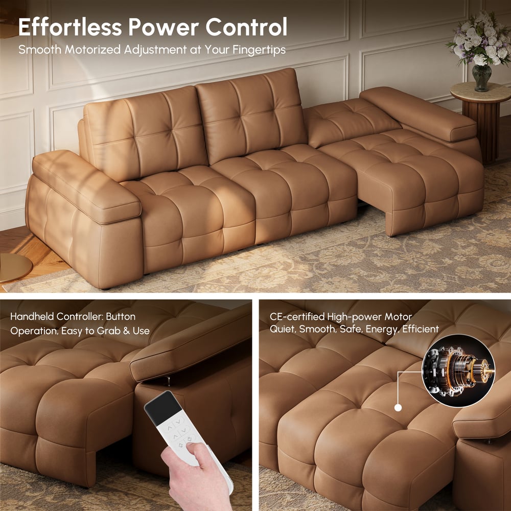 130" 3-Seater Genuine Leather Power Convertible Sleeper Sofa with adjustable armrests window image