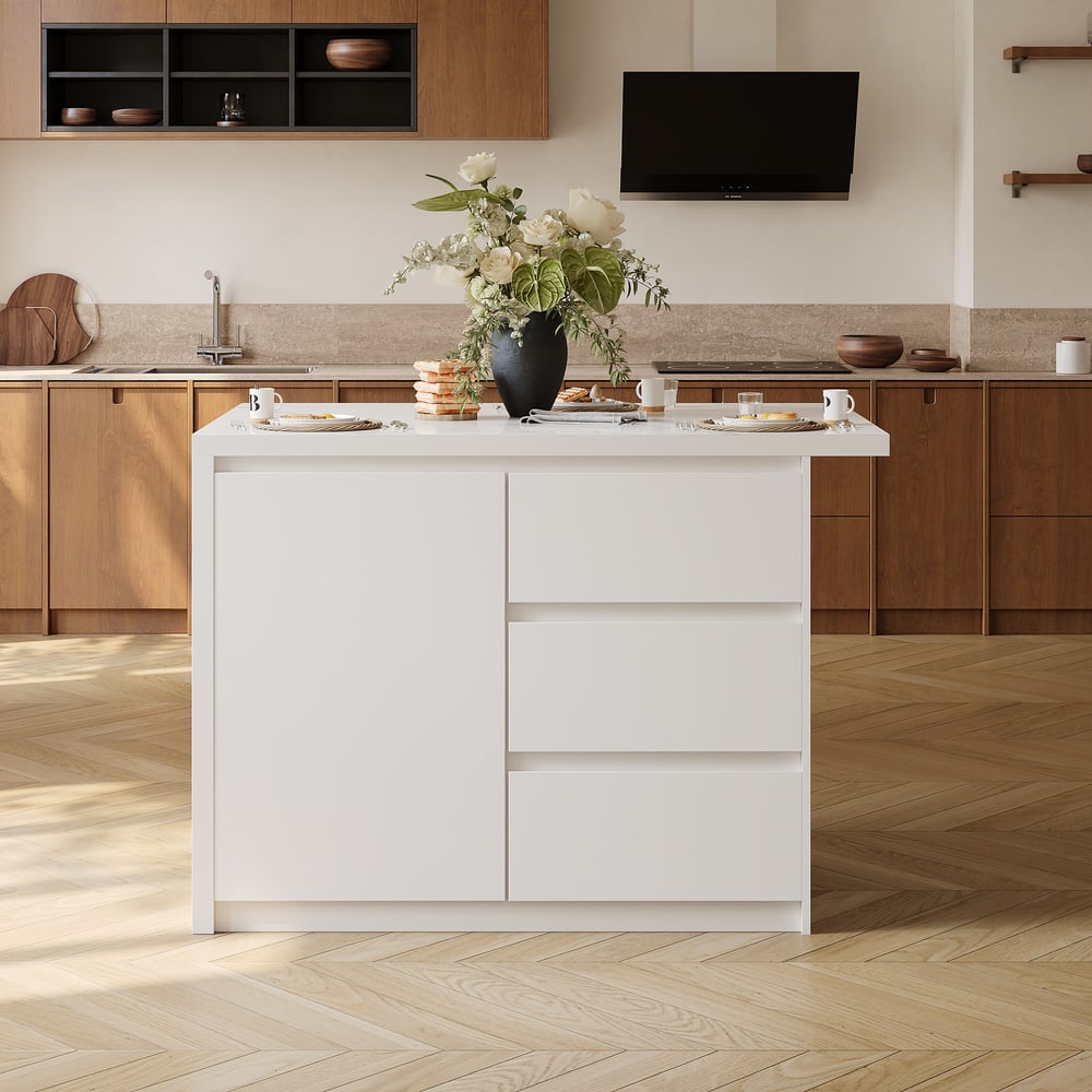 Îlot de cuisine moderne de 50 pouces en placage de marbre avec grand espace de rangement, blanc image de fenêtre