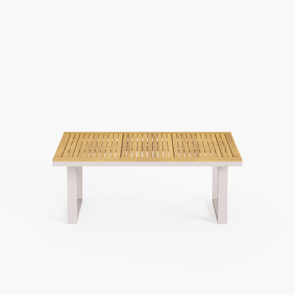 Table de salle à manger extensible d'extérieur Tevara en teck et aluminium image de fenêtre