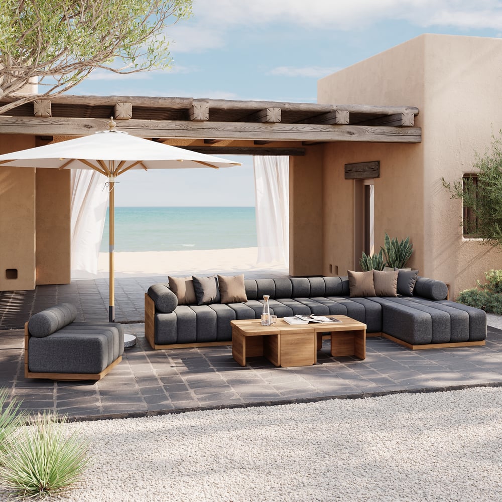 Ensemble de canapé modulaire d'extérieur Resaro 8 pièces en teck naturel cannelé, couleur gris image de fenêtre
