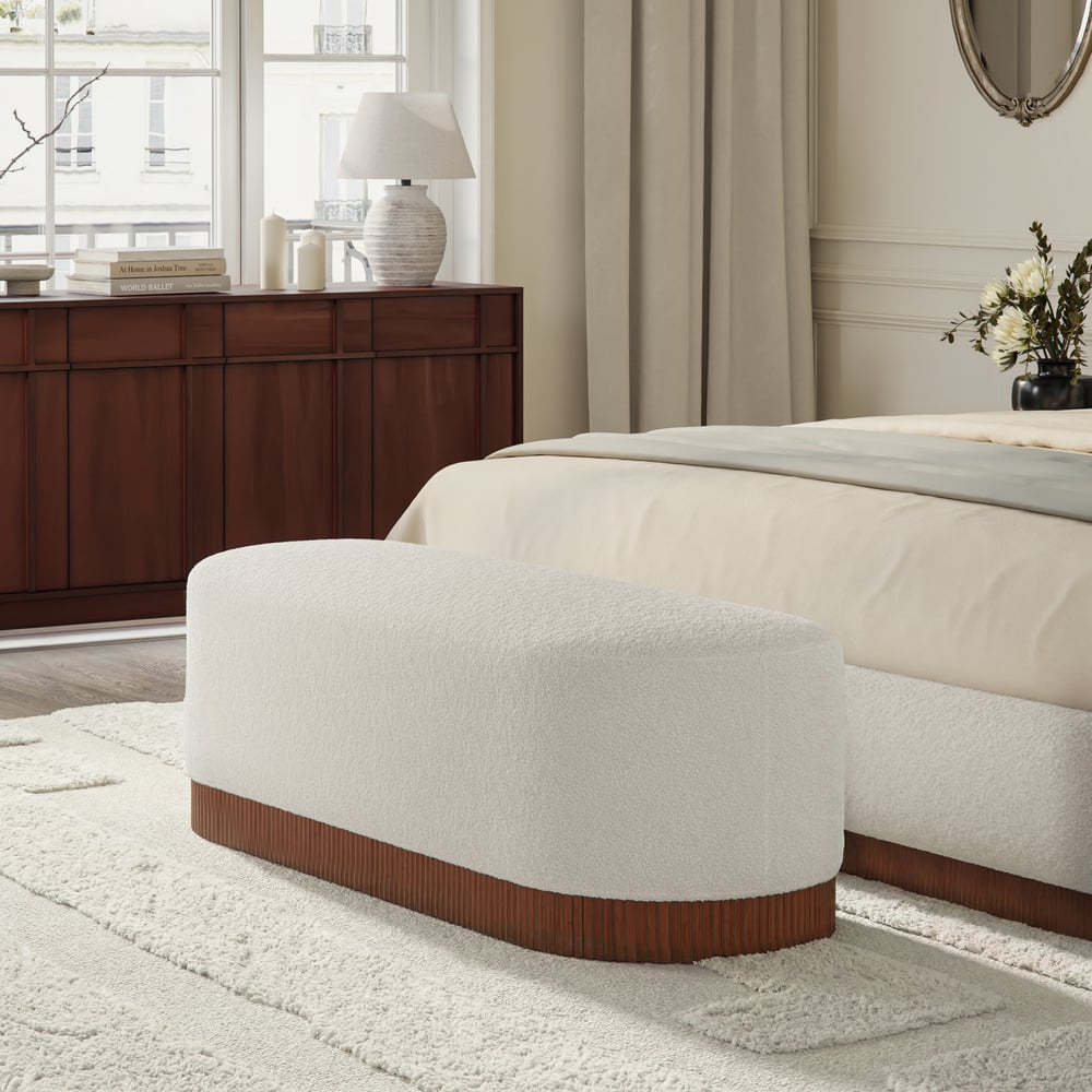 59"W Boucle Upholstered Bedroom Bench with Fluted Base window image