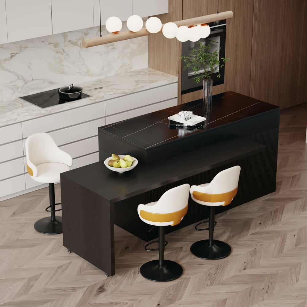 205 - 270 cm Extendable Matte Sintered Stone Kitchen Island with Storage, Black window image