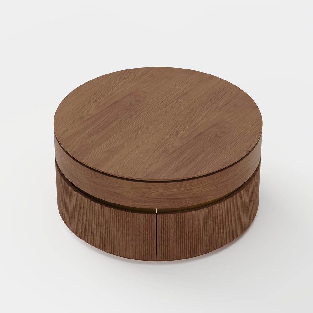 Table basse ronde en noyer à plateau relevable cannelé de 32 pouces avec 2 tiroirs image de fenêtre