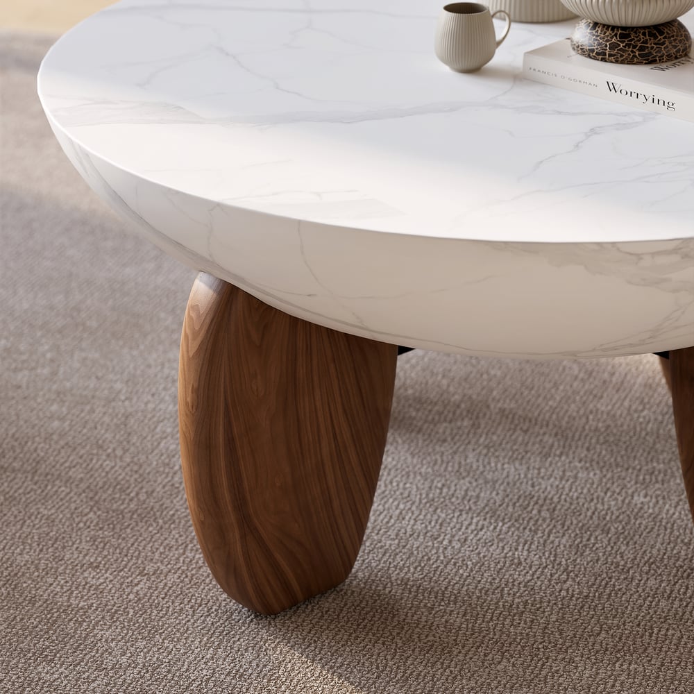 Curva 37" Round Concrete Walnut Coffee Table with Wood Legs window image