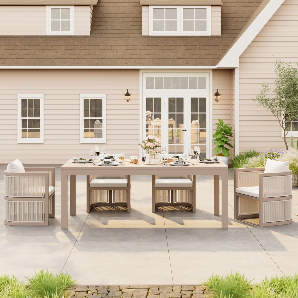 Wevara 78" Sand-Finished Aluminum Slatted Outdoor Dining Table in Sand window image