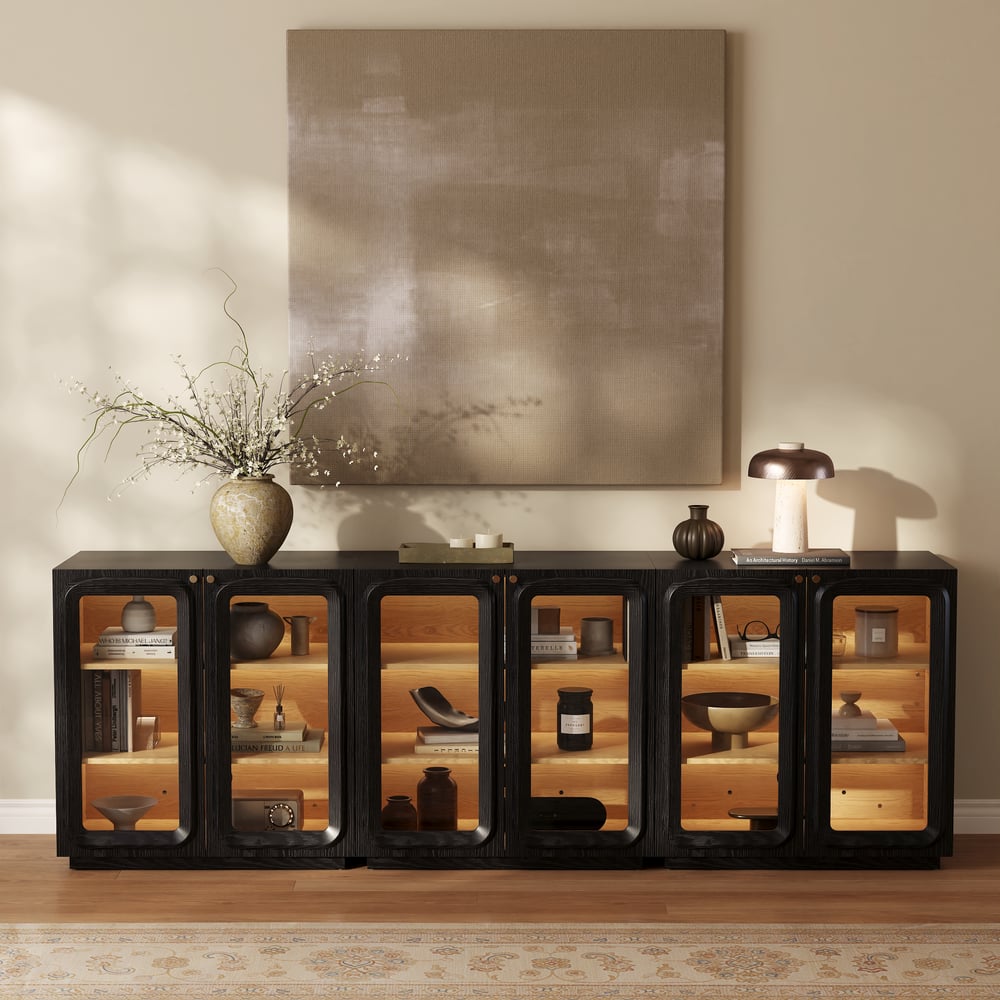Soporte de TV de 94" con gabinete de cómoda con almacenamiento y LED Imagen de ventana