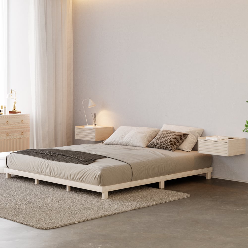 Japanese Style Queen Floor Wood Bed in Whitewash window image