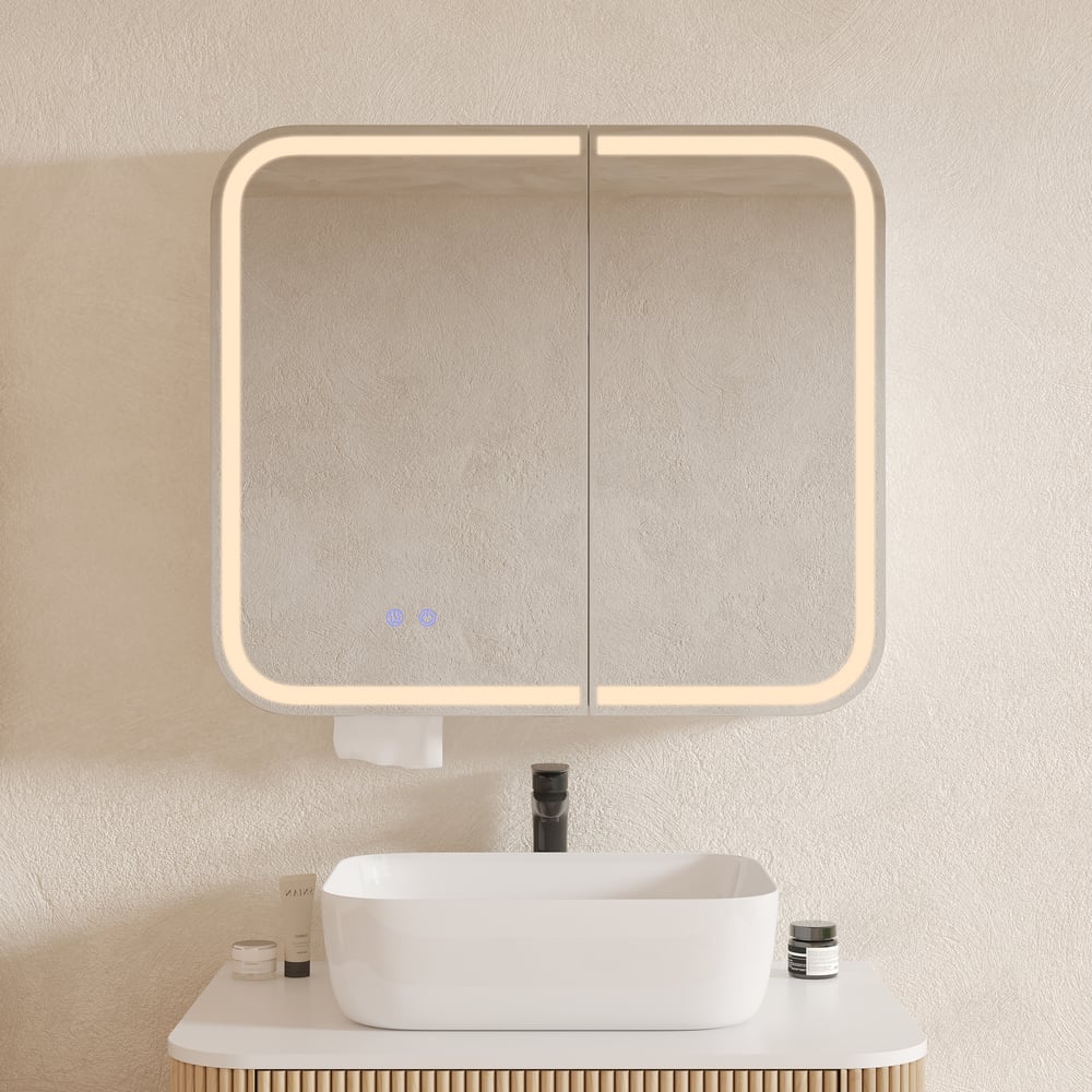 31" LED Bathroom Mirror Cabinet with Defogger, 3-Color Light, Tissue Slot window image