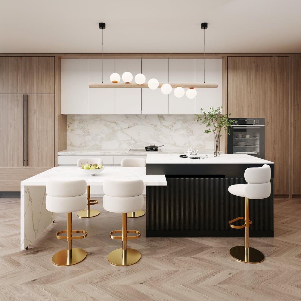 Isla de cocina de madera moderna extensible de 81''-112" con almacenamiento, blanco y negro Imagen de ventana