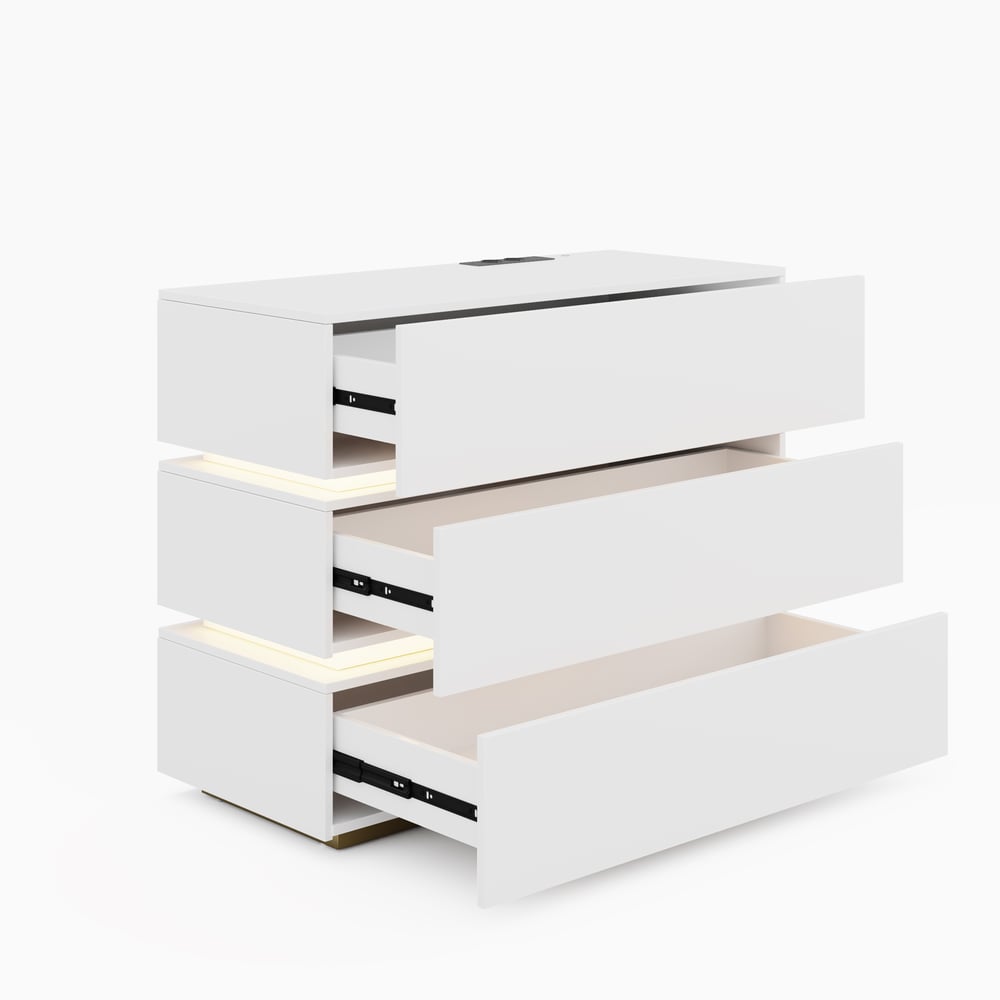 Commode à 3 tiroirs à DEL Lumio de 39 po avec borne de recharge image de fenêtre