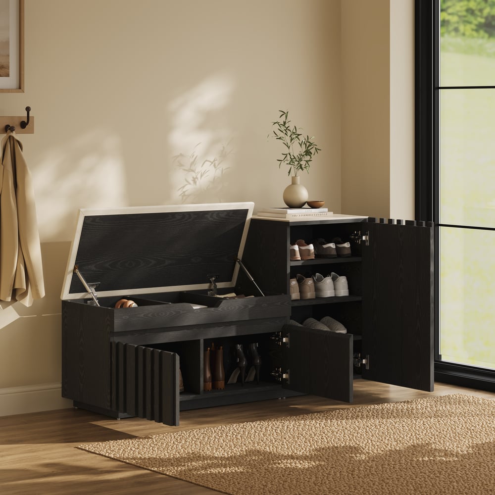 Aura 47” Wooden Shoe Storage Bench with Right-Side Cabinet for Entryway window image