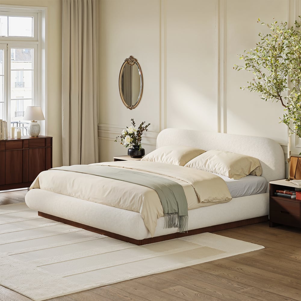 Modern Boucle Upholstered Bed with Charging Station & Fluted Base window image