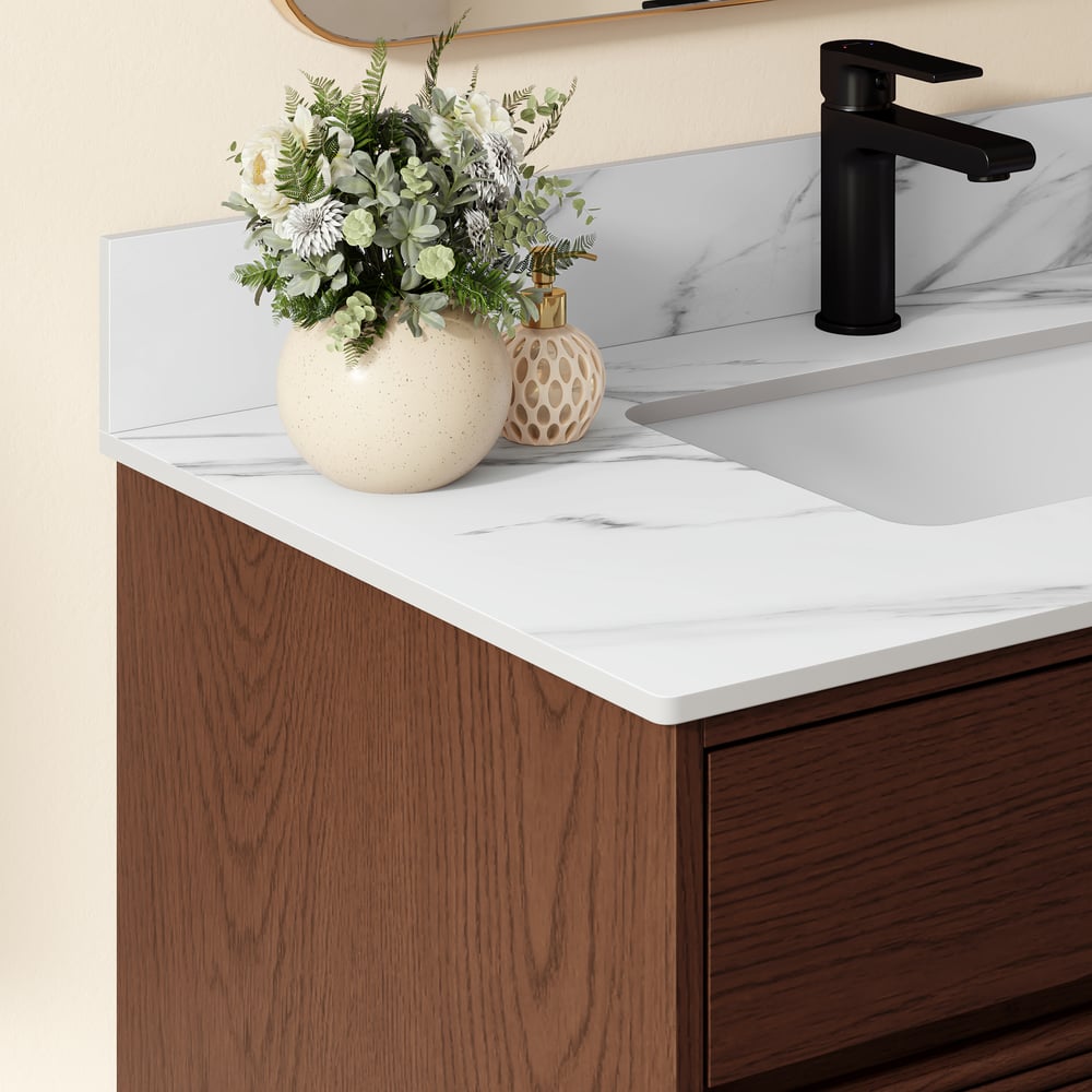 92cm Walnut Single Bathroom Vanity with Sink and Sintered Stone Top window image