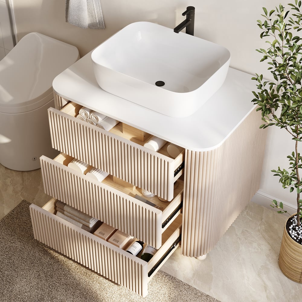 80cm Fluted Freestanding Bathroom Vanity with Vessel Sink, 3-Drawers, Sintered Stone top window image