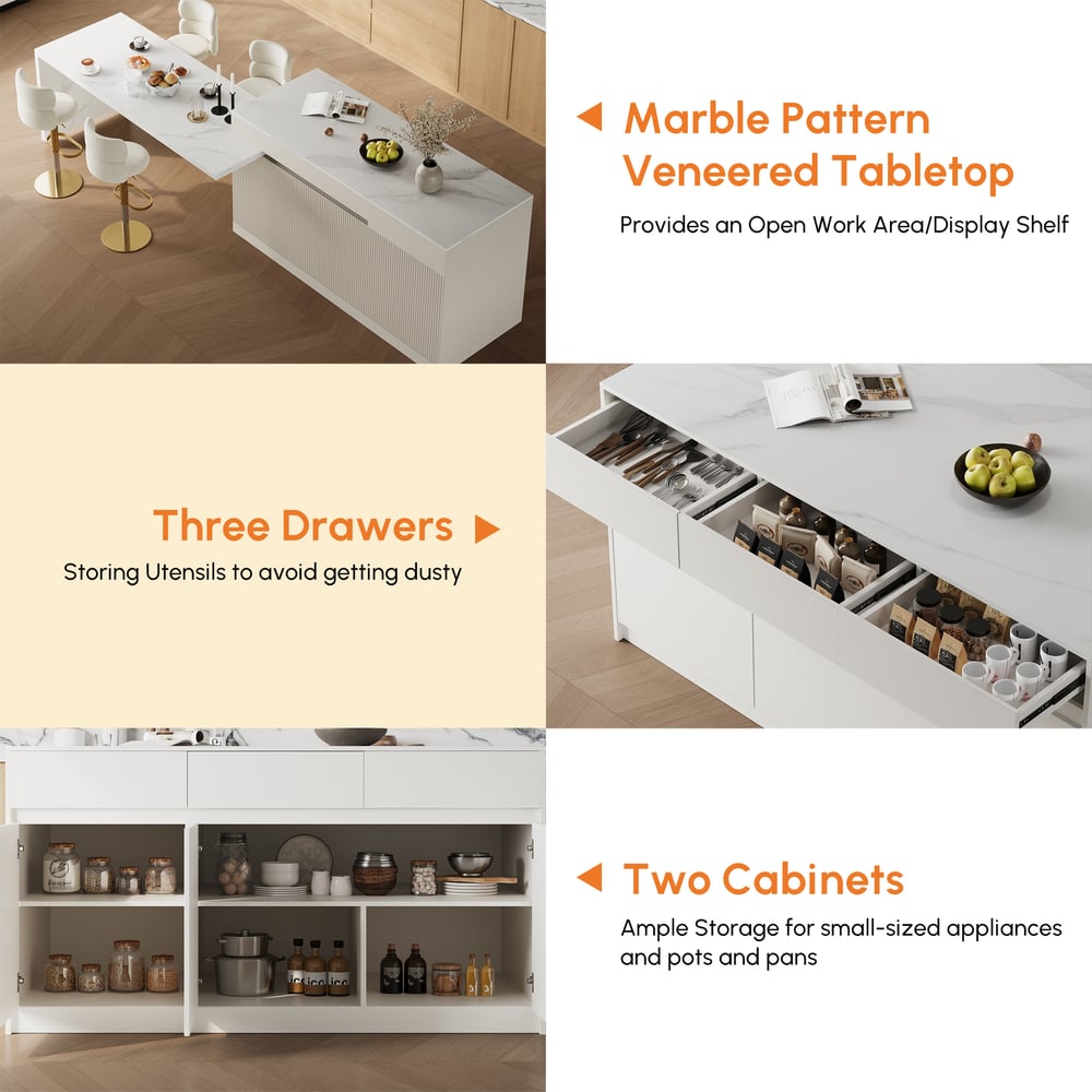 Modern 81"-106" Sintered Stone Kitchen Island with Drawers & Doors, White window image