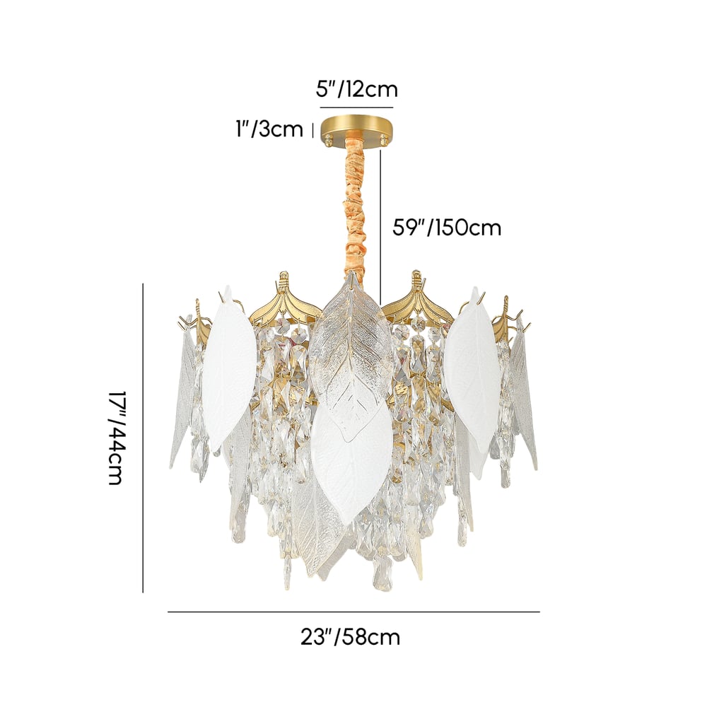 Luxusní patrový lustr z listového skla a křišťálu s nastavitelnou výškou zavěšení váhy a rozměry obrázku
