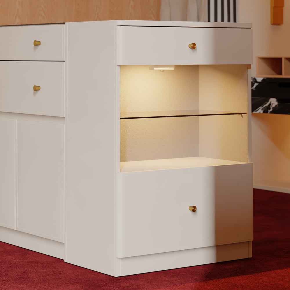 Selvo Saddle Leather Glass Top Closet Island with Storage, Light and Jewelry Display window image