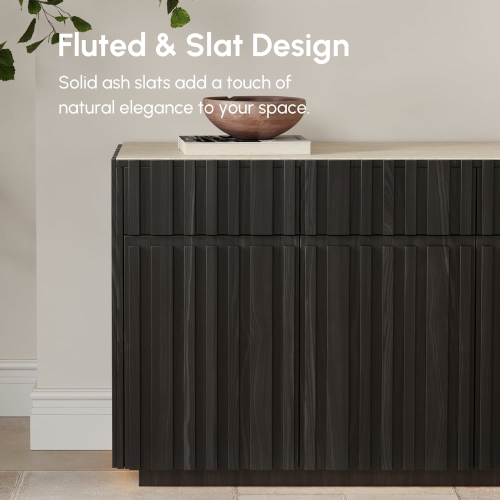 Aura 65" Ash Wood Slatted Black TV Stand with Sintered Stone Top window image