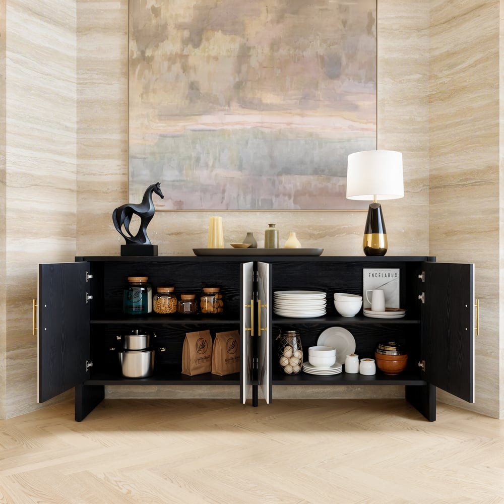 Modern 72" Sintered Stone Sideboard with Oak Wood Frame & Adjustable Shelves window image