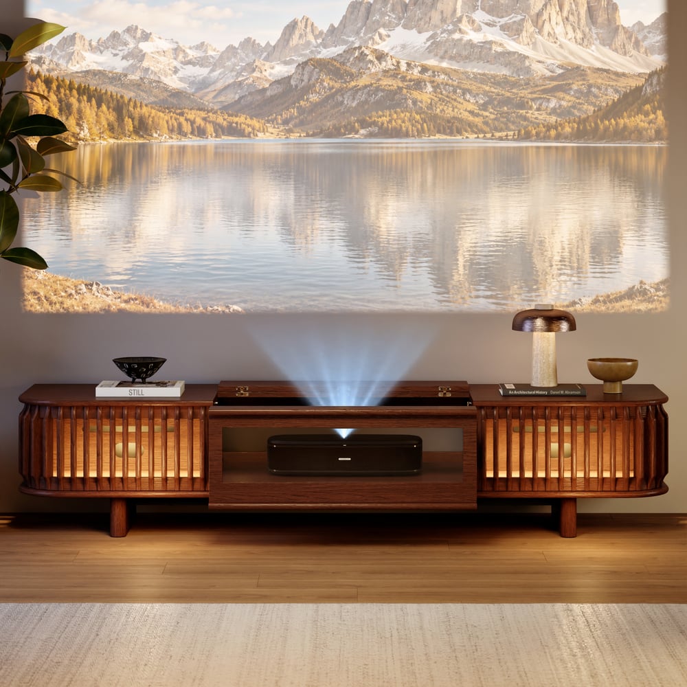 80" Ash Wood Fluted Walnut Projector TV Stand with LED window image