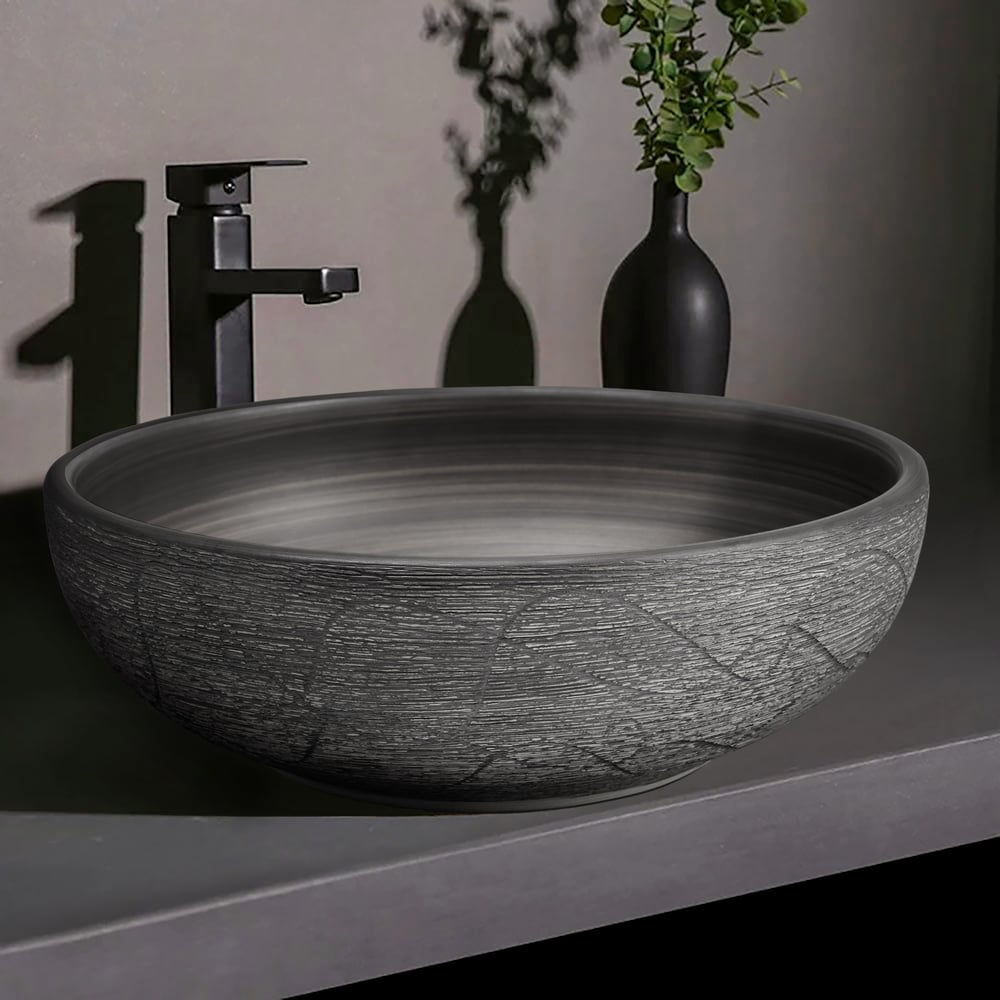 Vasque de salle de bain ronde en céramique grise de 40cm – évier à poser avec glaçure mate image de fenêtre