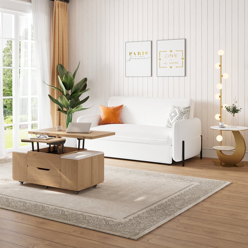 Canapé convertible lit 172 cm 2 places velours côtelé blanc avec rangement et coussins image de fenêtre