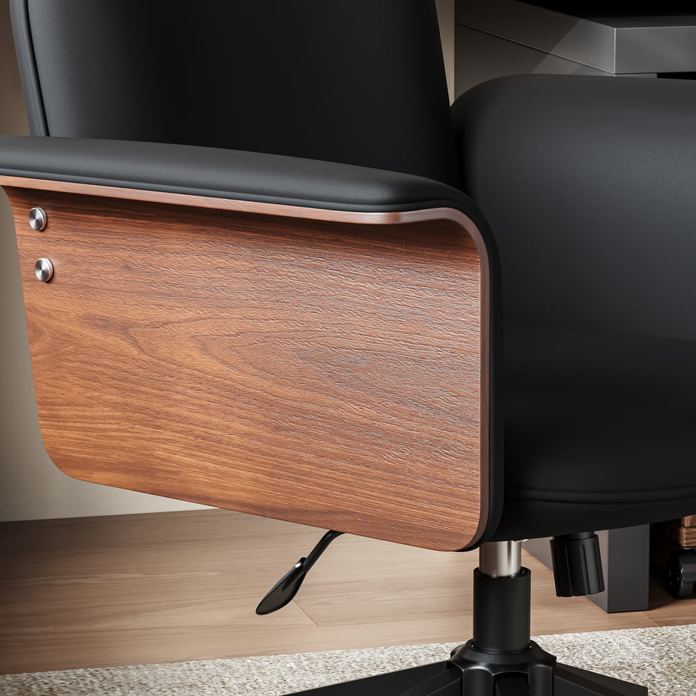 Walnut L-Shaped Corner Desk & Black Faux Leather Office Chair window image