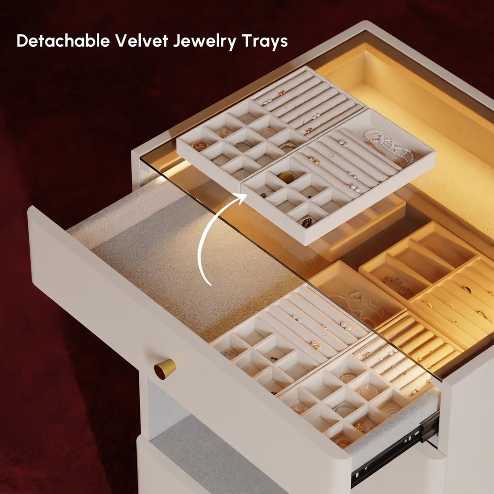 Šatníkový ostrůvek se šperkovnicí s proskleným víkem a osvětlením obrázek okna