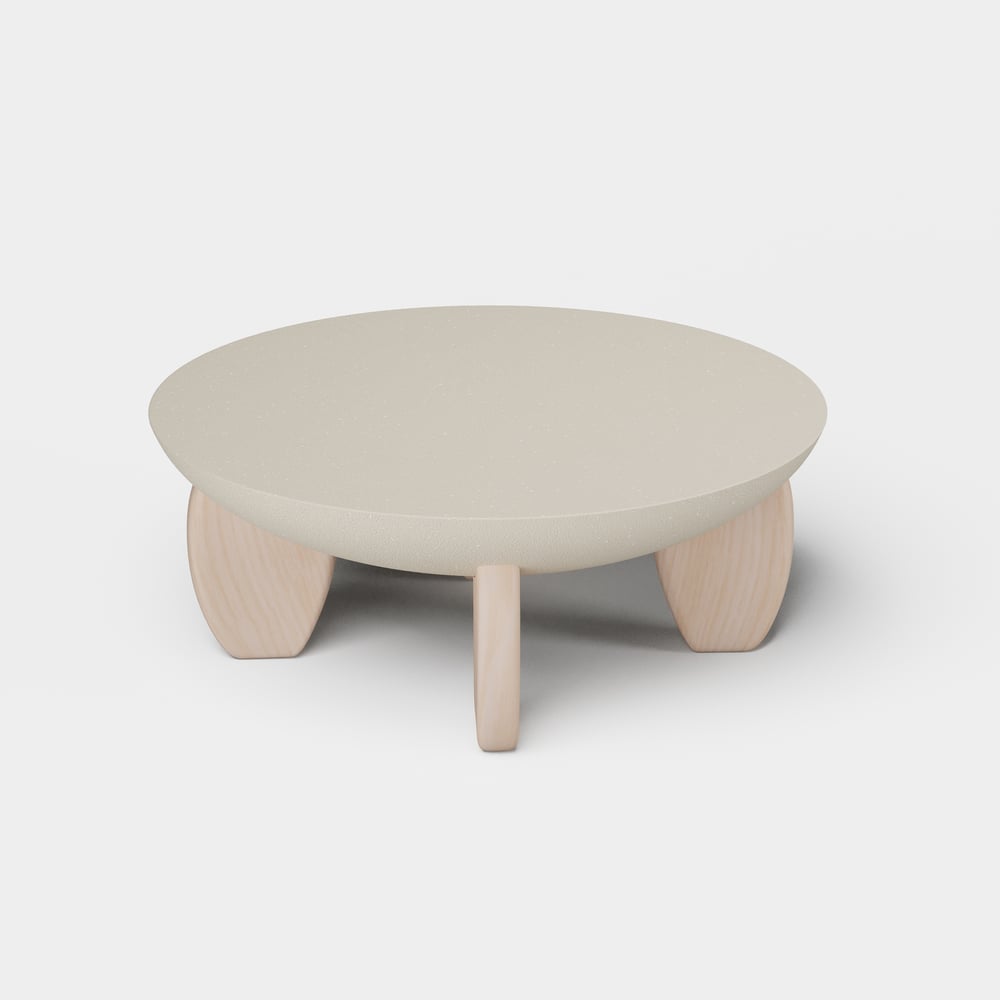 Mesa de Centro Curva Round de Betão e Nogueira com Pernas de Madeira Imagem da janela