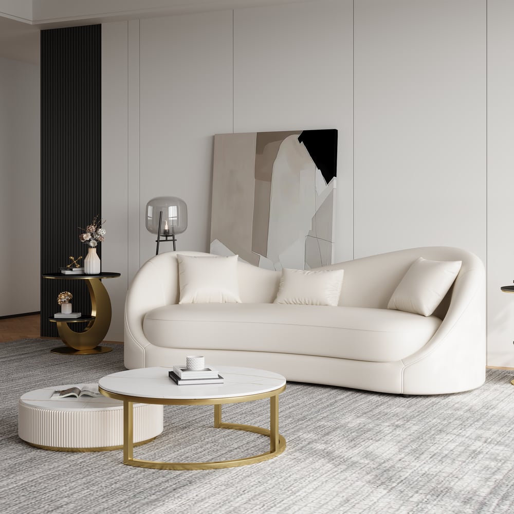 84" Performance Leather Curved Upholstered Sofa with Pillows window image