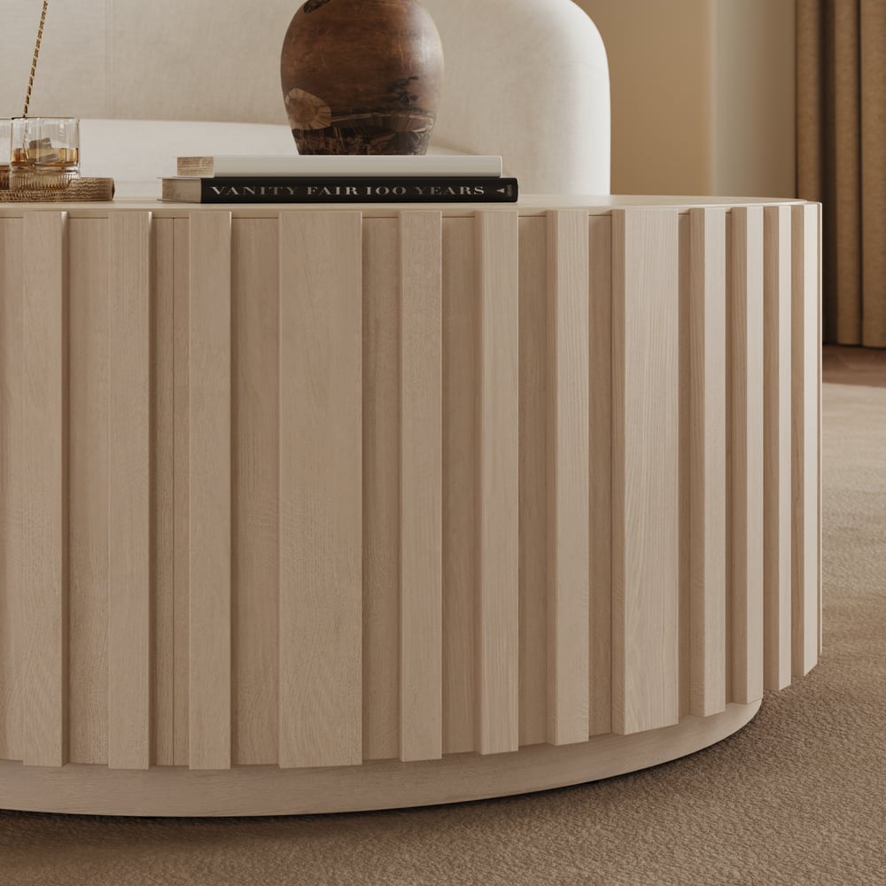 Aura 35" Round Washed White Slatted Sintered Stone Coffee Table with 2 Drawers window image