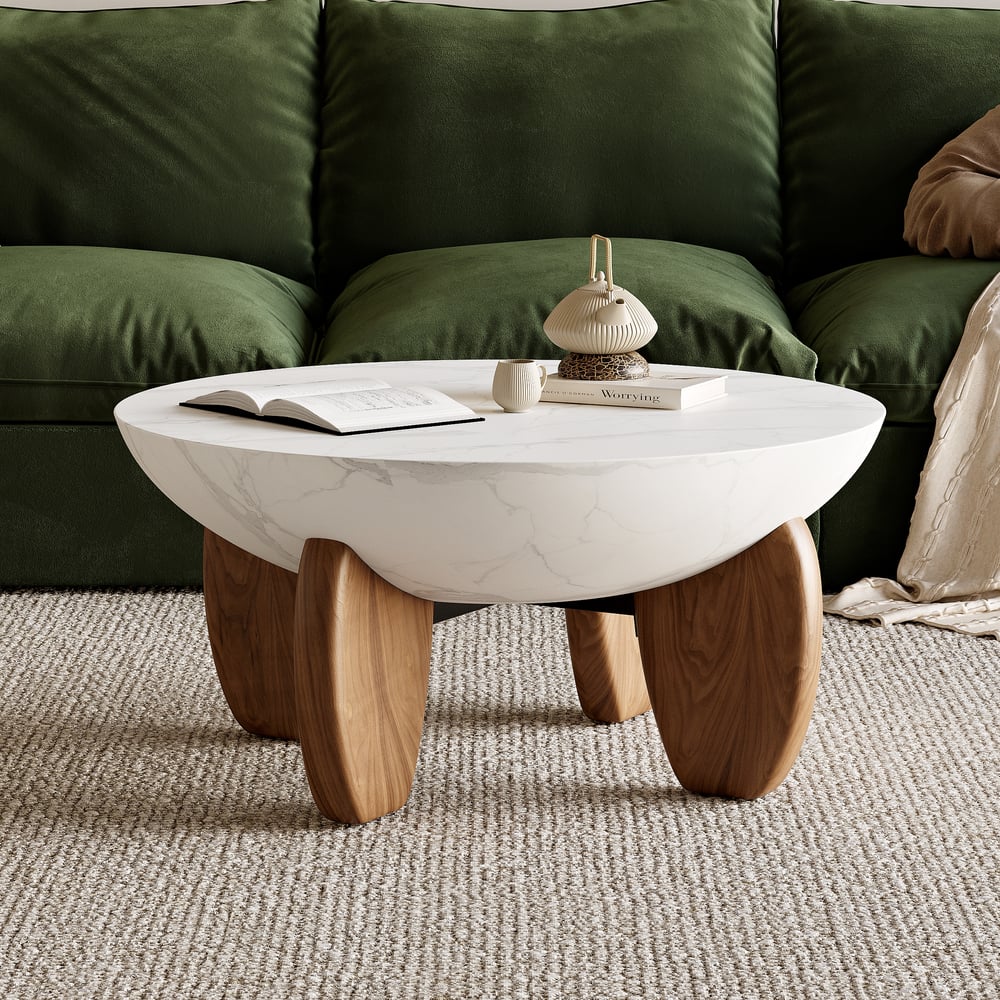 Curva 37" Round Concrete Walnut Coffee Table with Wood Legs window image