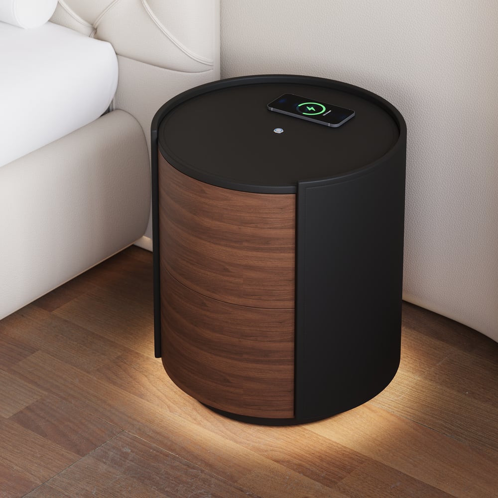 Modern Black Saddle Leather 2-Drawer Nightstand with Charging Station & Light window image