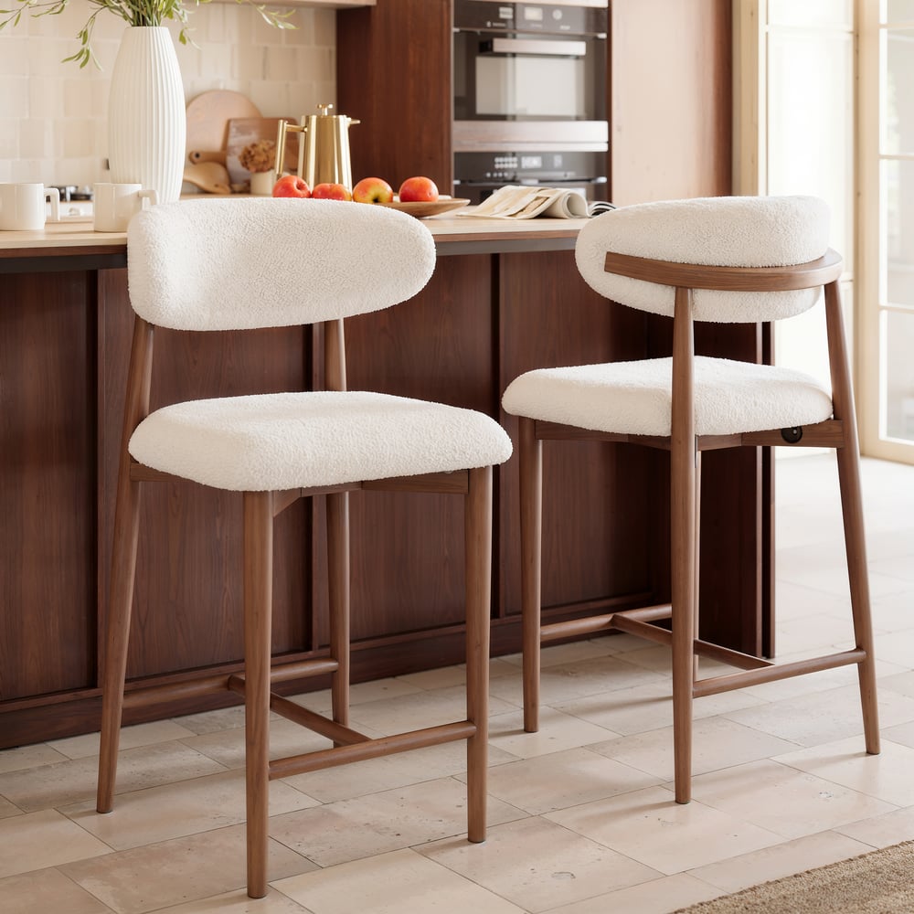 Modern Walnut Boucle Counter Stool with Wooden Legs, 1 Piece window image