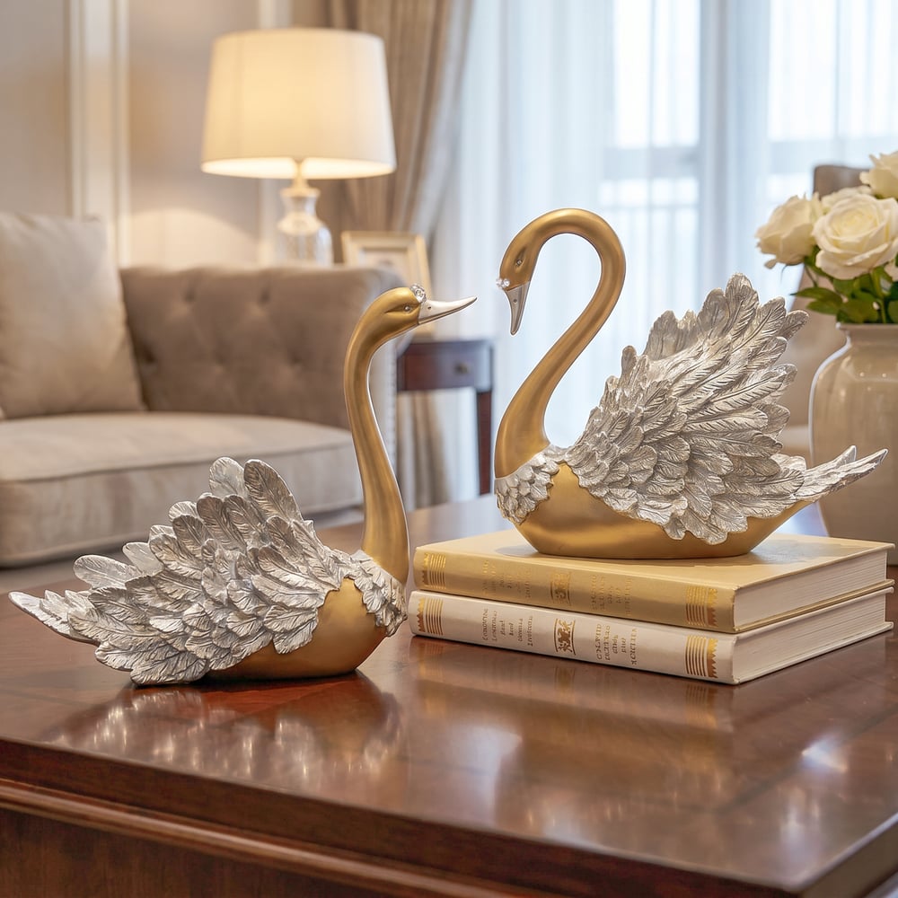 2-Piece Resin Swan Figurines – Elegant Gold Swan Decorative Storage Set window image
