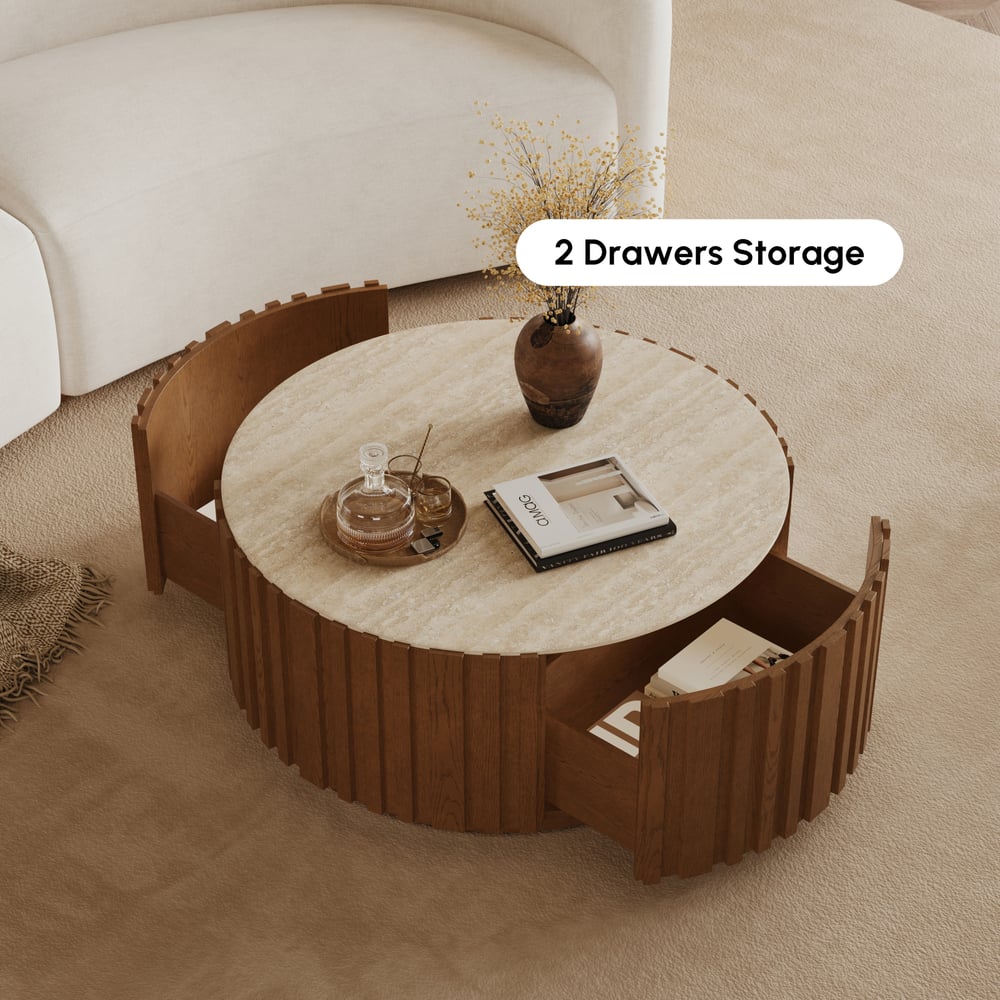 Aura 35" Ash Wood Slatted Round Coffee Table with Sintered Stone Top window image
