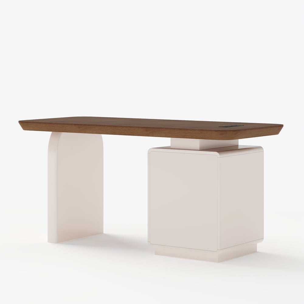 Modern 63” Rectangular Walnut Wood Desk with charging station & storage window image