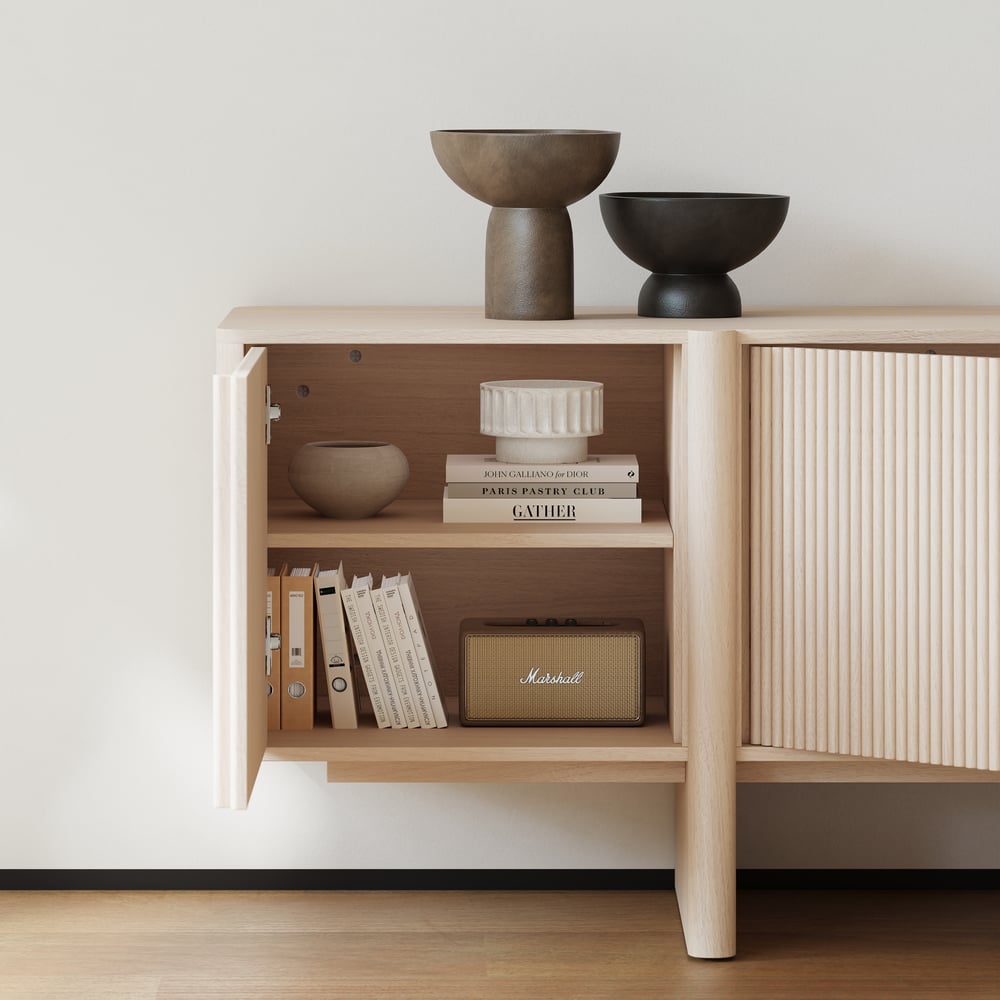 80" Solid Wood Fluted Whitewash TV Stand with Cabinets window image
