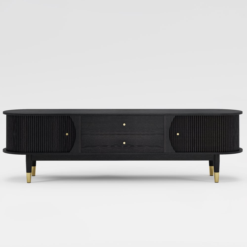 80" Ash Wood Fluted Black TV Stand with Storage window image