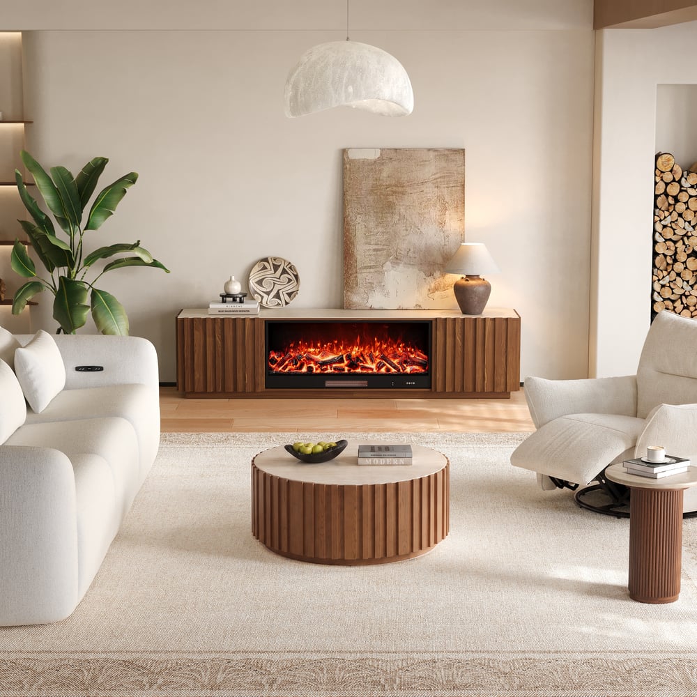 Aura 84" Sintered Stone Top Electric Fireplace TV Stand window image