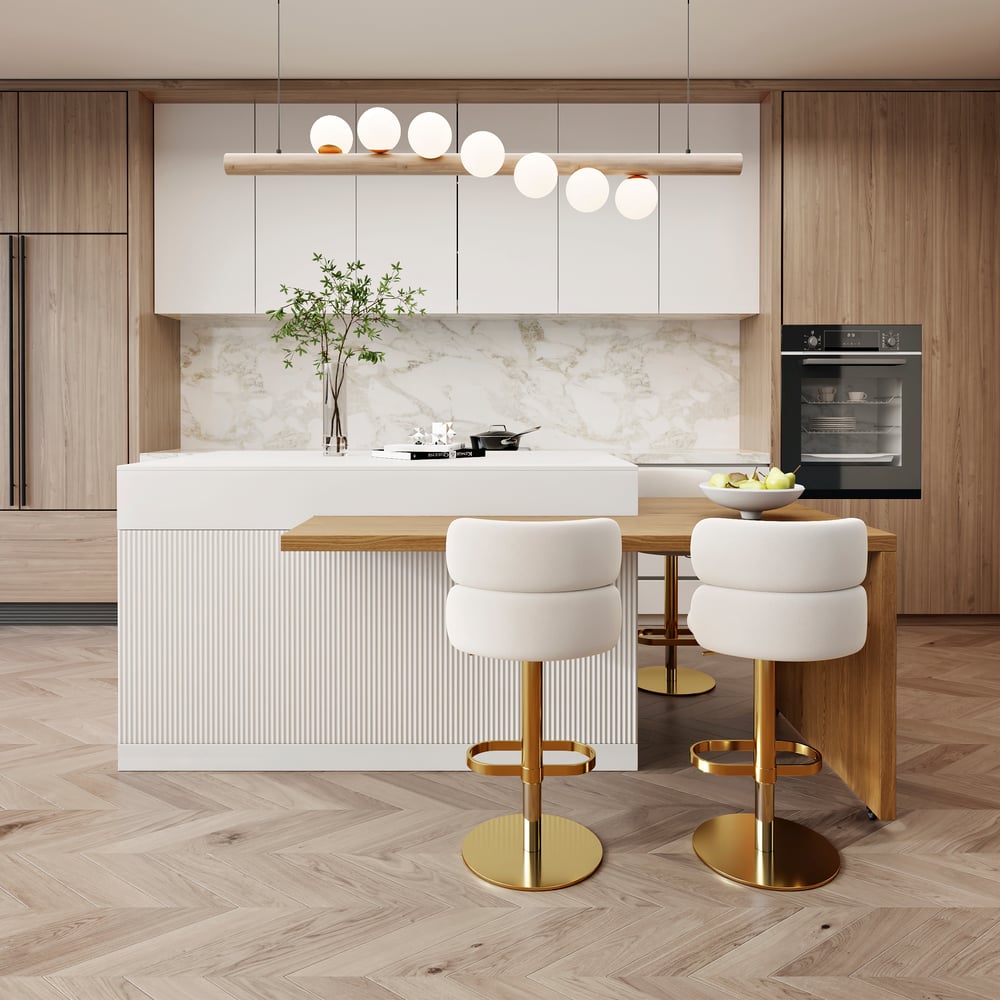 Îlot de cuisine extensible en bois de 81''-112" avec rangement, Naturel & Blanc image de fenêtre