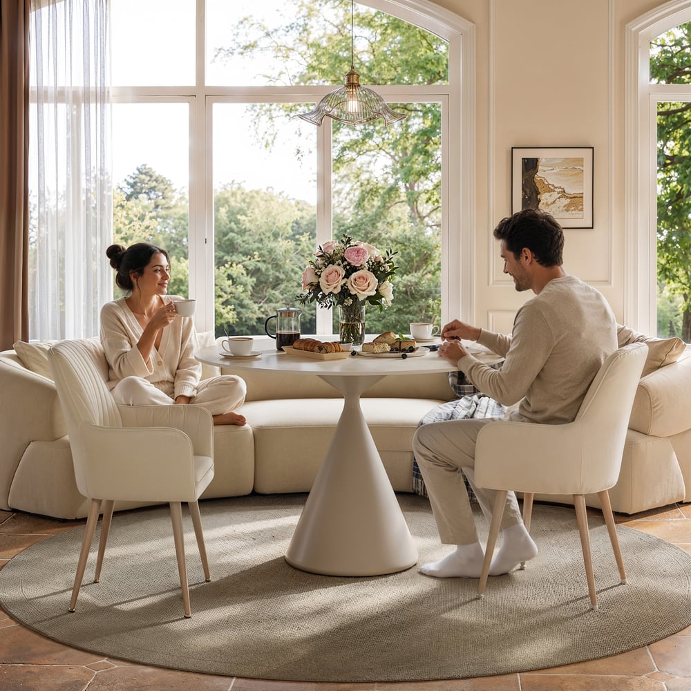 Table à manger ronde moderne en pierre frittée de travertin mat de 99 cm, 2 places image de fenêtre