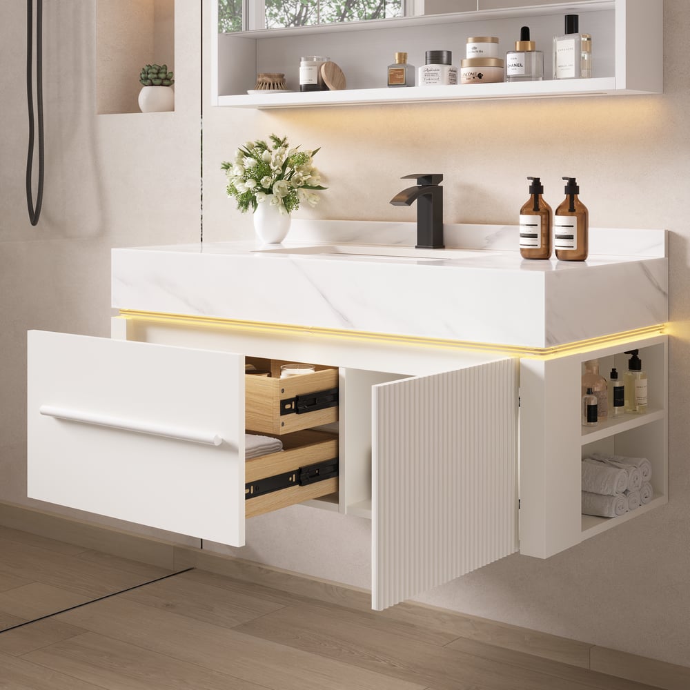 39.4" Wall-Mounted Bathroom Vanity with Sintered Stone Top, LED Sensor Light window image