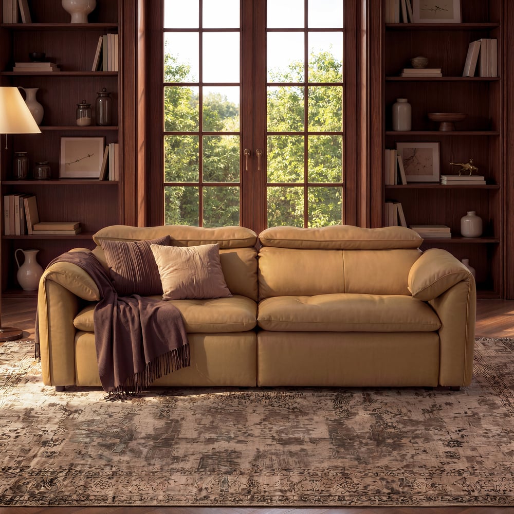 Canapé-lit convertible électrique 2 places en cuir véritable de 222 cm avec têtières réglables image de fenêtre