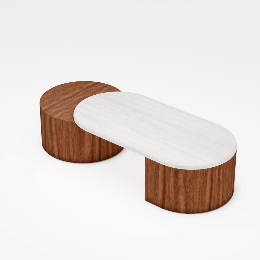 47"-60" Extendable Walnut Coffee Table with Travertine Veneer Top window image