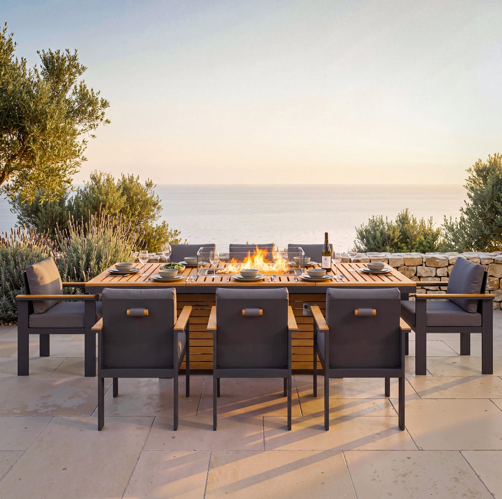 Tevara 9 Pieces Outdoor Dining Set with Propane Fire Pit Table & Aluminum Armchair window image