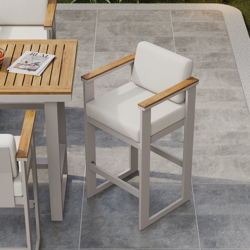 Tevara Teak Wood Modern Outdoor Bar Set Sand Frame & Warm White Cushion window image