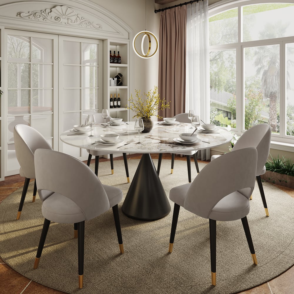 Modern 60" Round Glossy Sintered Stone Dining Table with Black Pedestal Base, Seats 6 window image